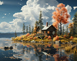 Autumn lake cabin with orange trees cross stitch kit for beginners