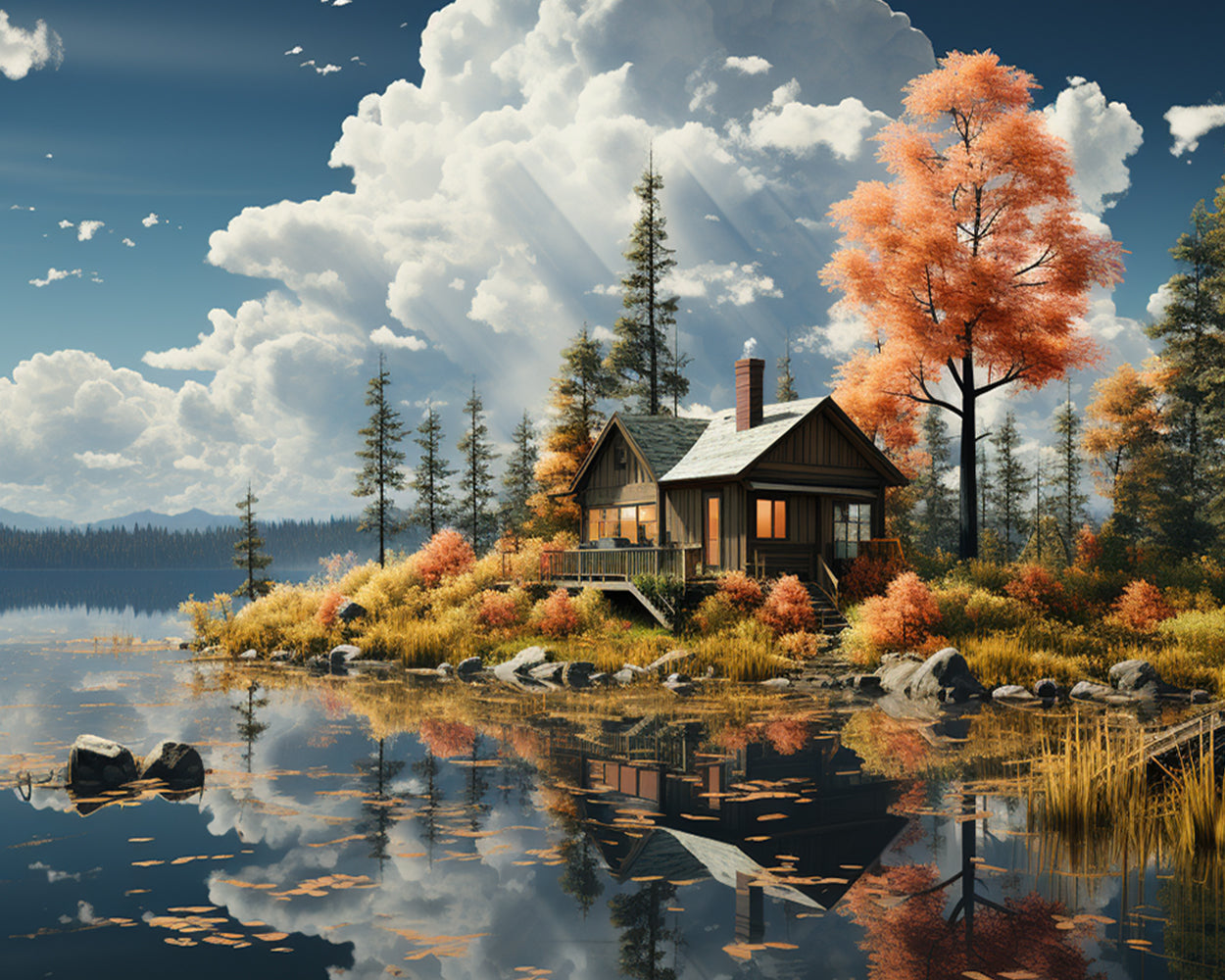 Autumn lake cabin with orange trees cross stitch kit for beginners