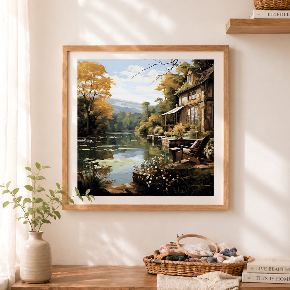 Finished autumn lake house retreat cross stitch artwork displayed as home decor