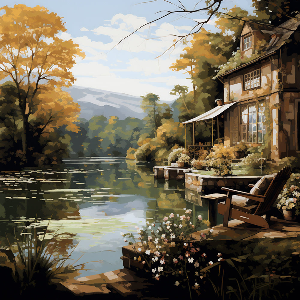 Autumn lake house retreat cross stitch kit for beginners