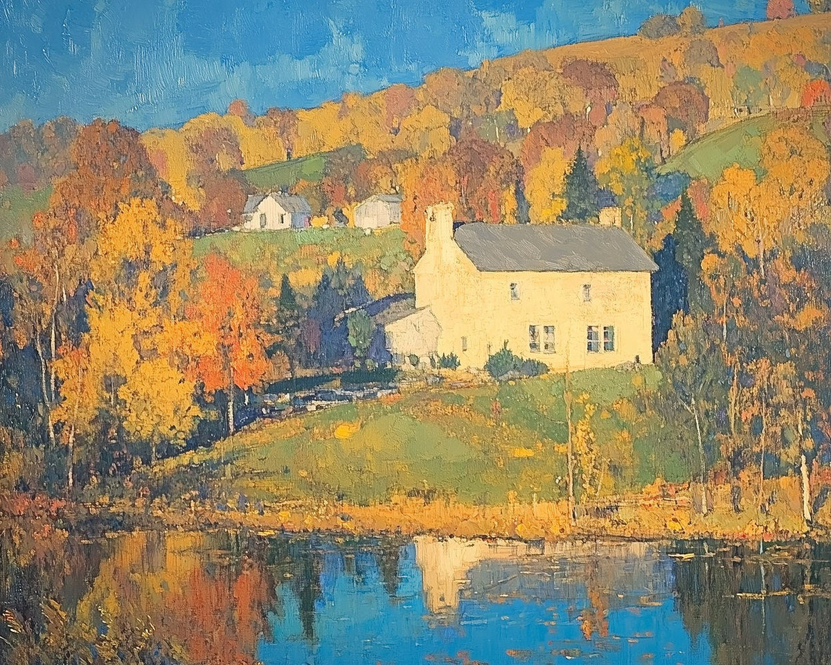 Autumn lakeside cottage cross stitch kit for beginners