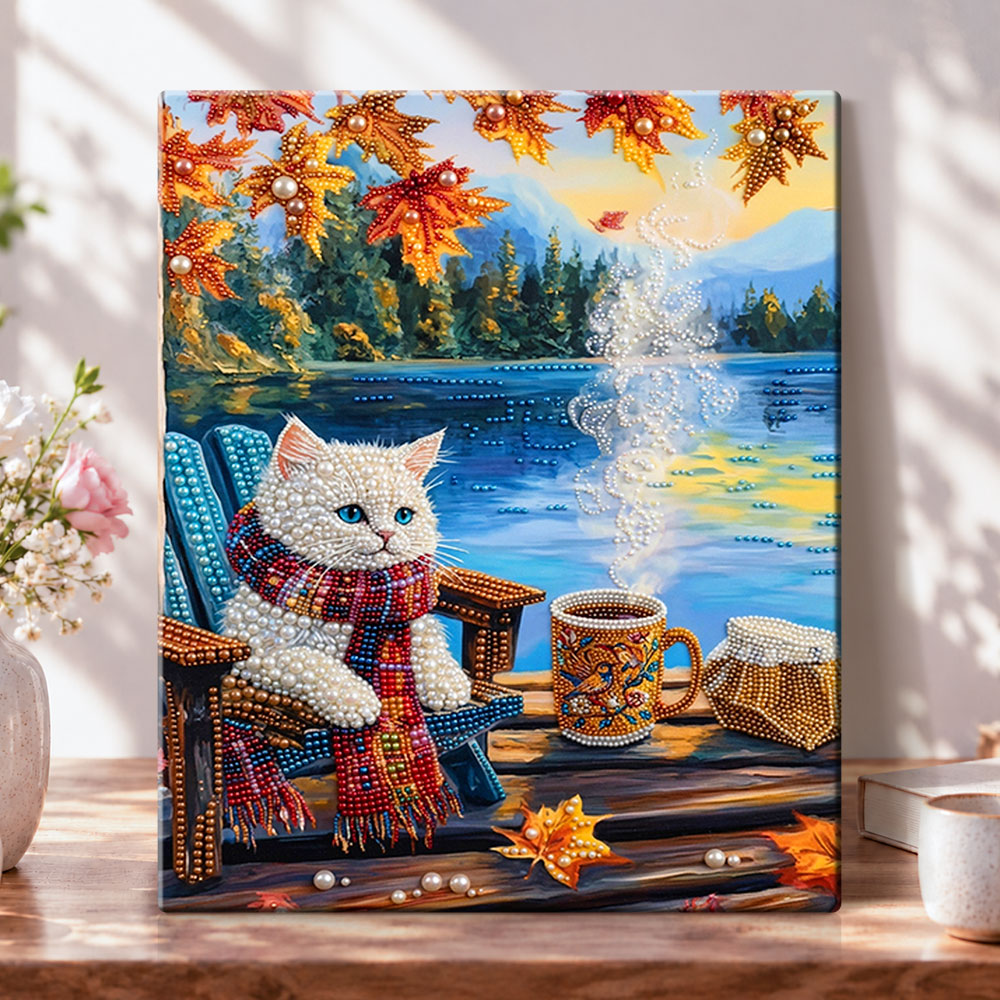Autumn lakeside warmth pearl diamond painting kit for beginners