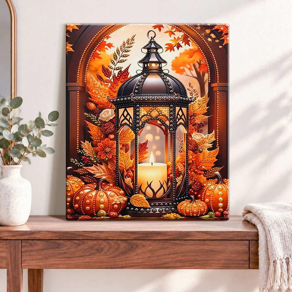 Finished autumn lantern glow pearl diamond painting artwork displayed as home decor