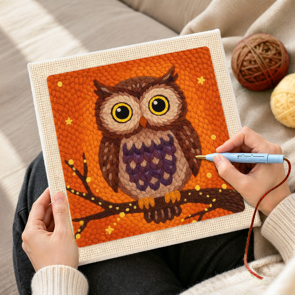 Creating handmade autumn owl embroidery art punch needle artwork