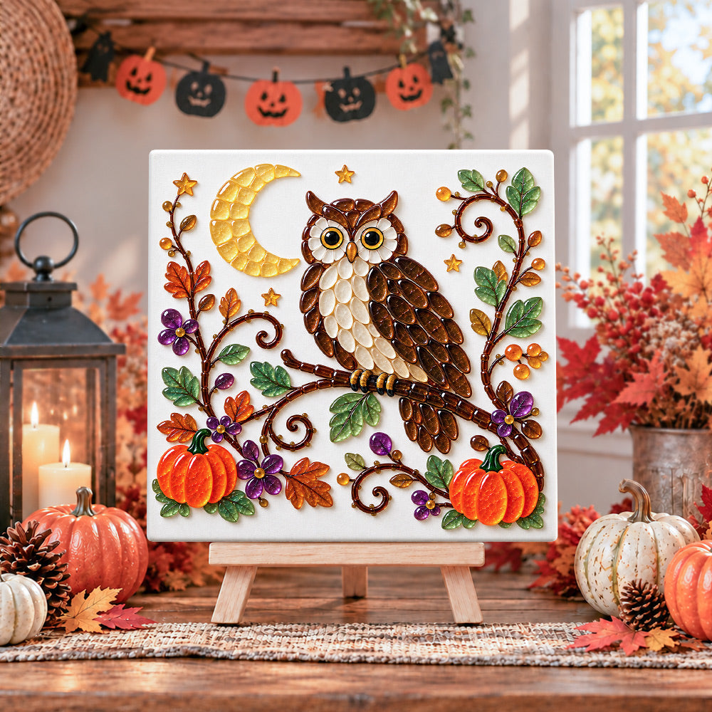 Autumn owl sea glass art kit displayed as seasonal home decor