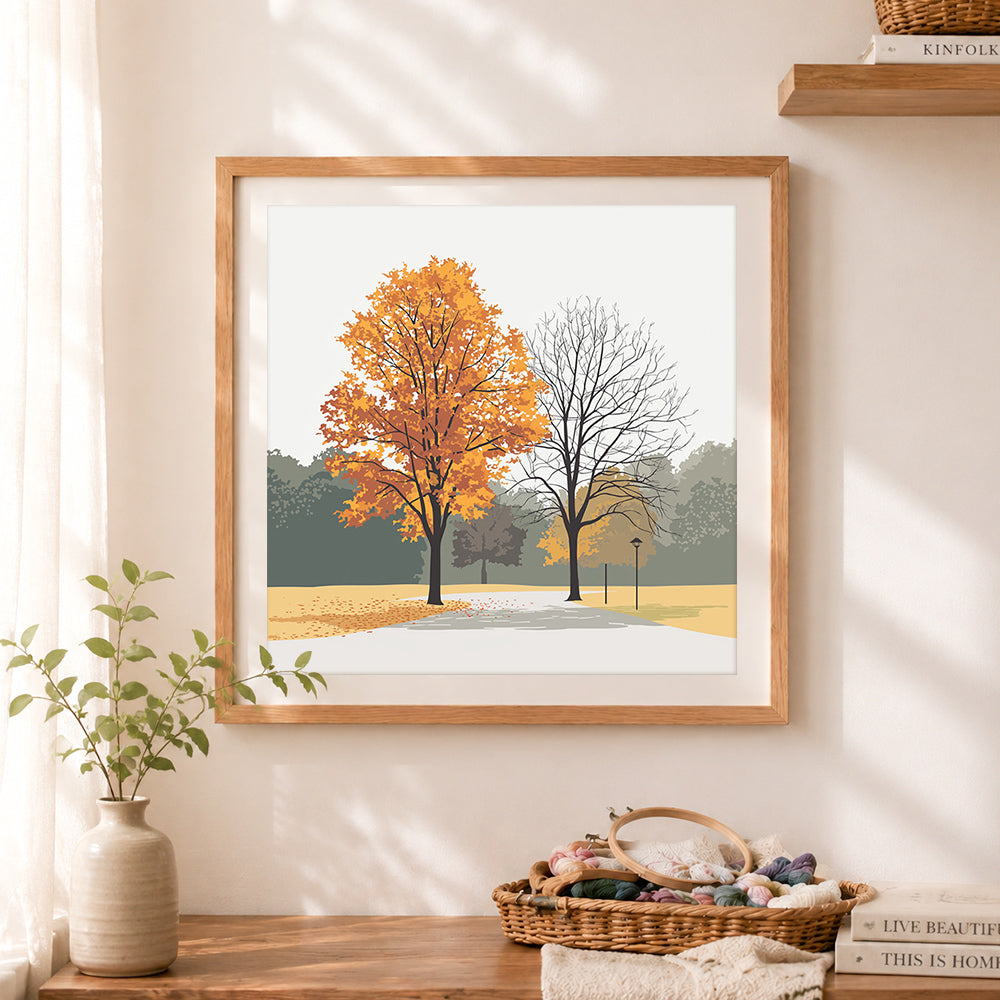 Finished autumn park tree illustration cross stitch artwork displayed as home decor