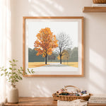 Finished autumn park tree illustration cross stitch artwork displayed as home decor