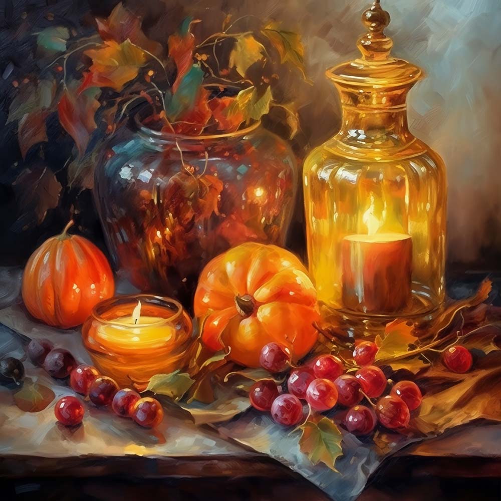 Autumn pumpkin candle still life cross stitch kit for beginners
