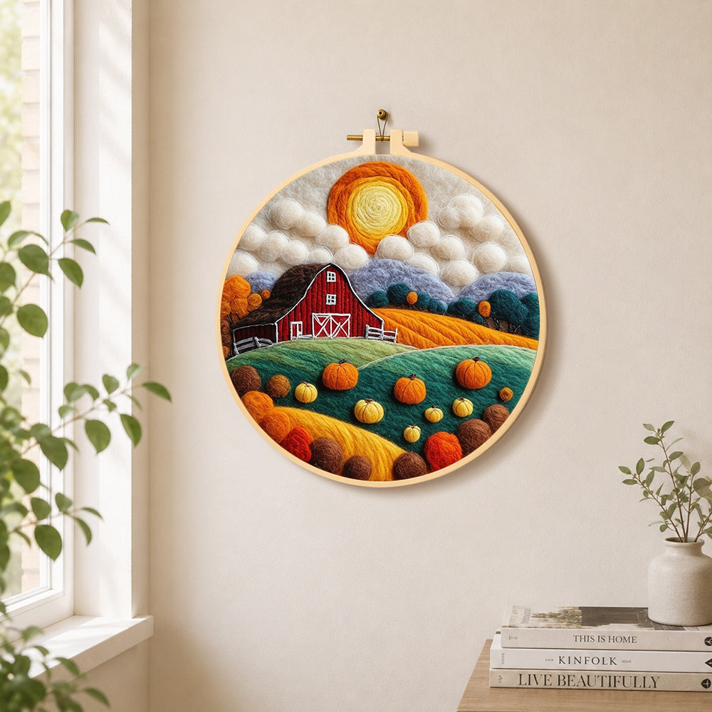 Autumn pumpkin harvest farm needle felt wall art displayed in a bright home interior