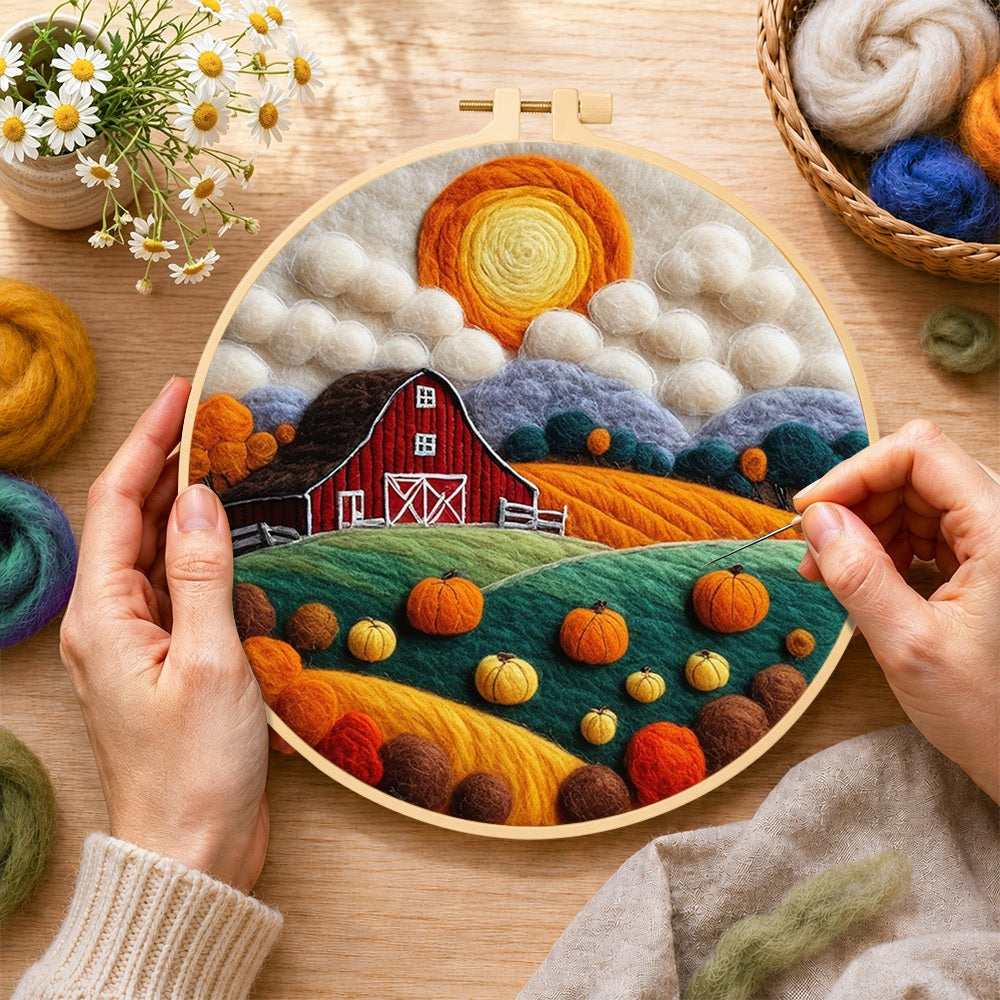 Creating the autumn pumpkin harvest farm wool painting by hand with a felting needle