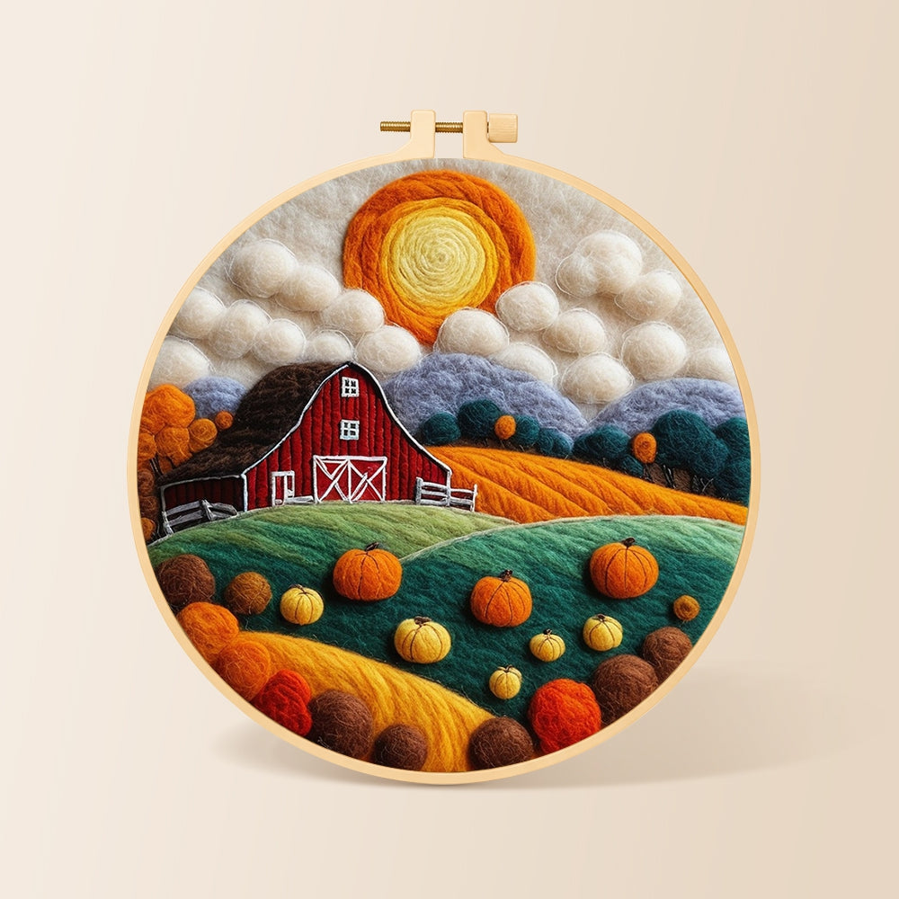 Autumn pumpkin harvest farm needle felting kit for beginners with a round wooden frame