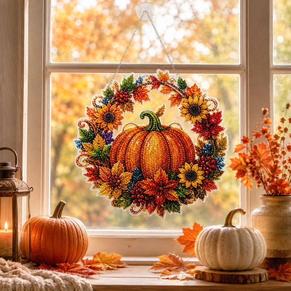 Finished autumn pumpkin sunflower wreath pearl diamond painting artwork displayed as home decor