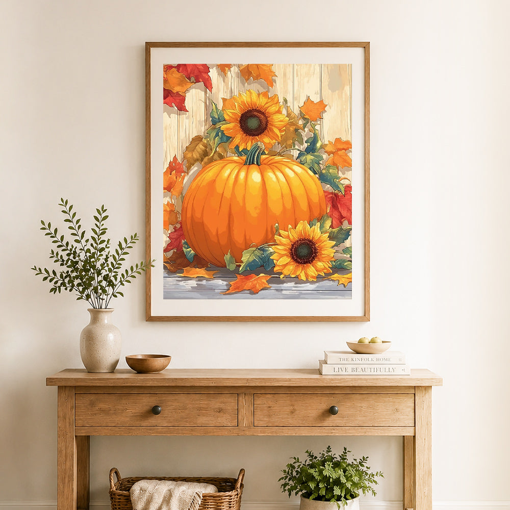 Finished autumn pumpkin sunflowers cross stitch artwork displayed as home decor