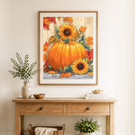 Finished autumn pumpkin sunflowers cross stitch artwork displayed as home decor