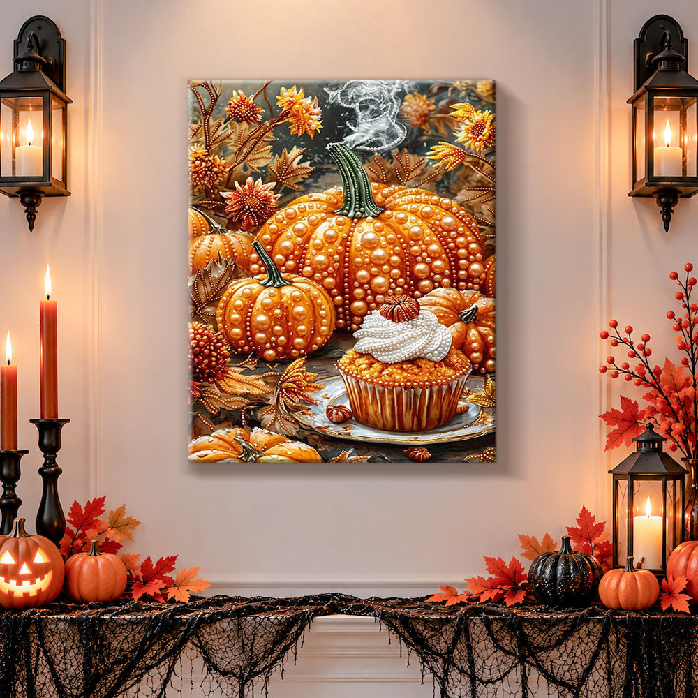 Finished autumn pumpkins and cupcake pearl diamond painting artwork displayed as holiday home decor