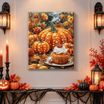 Finished autumn pumpkins and cupcake pearl diamond painting artwork displayed as holiday home decor