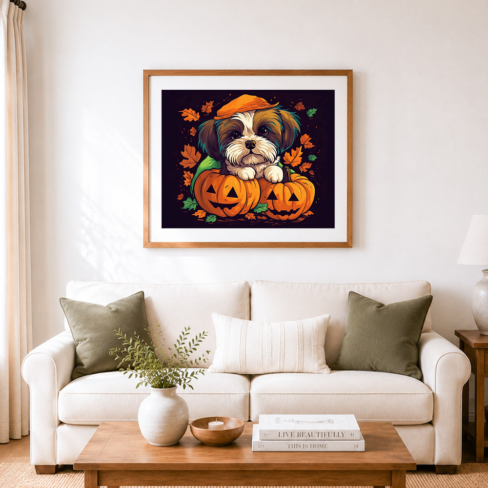 Finished autumn puppy among fall leaves cross stitch artwork displayed as home decor