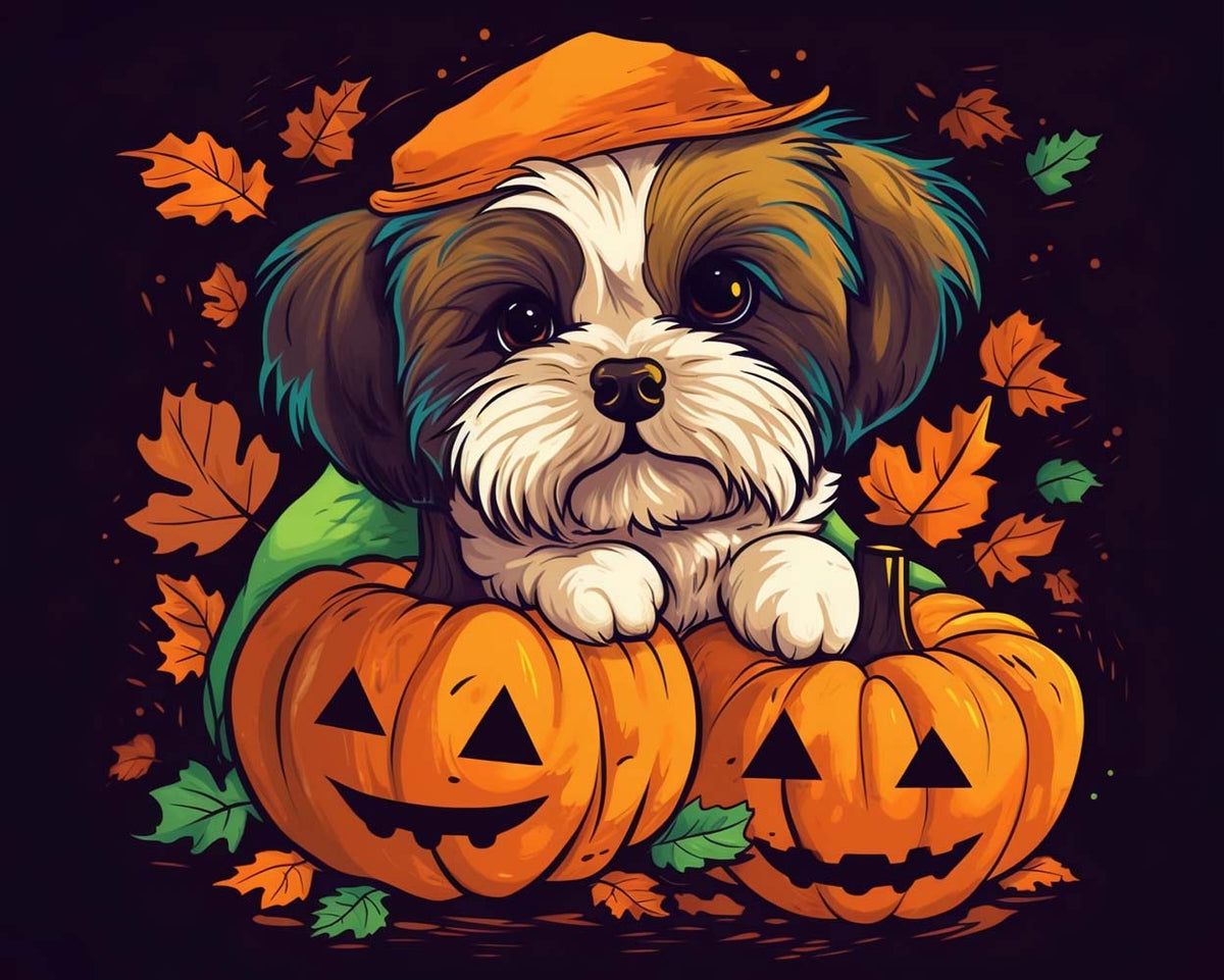 Autumn puppy among fall leaves cross stitch kit for beginners