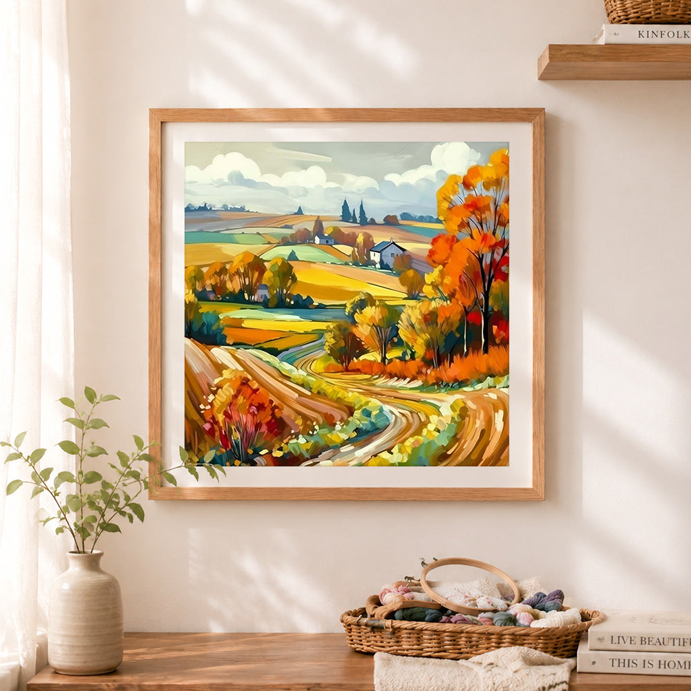 Finished autumn rolling farmland hills cross stitch artwork displayed as home decor