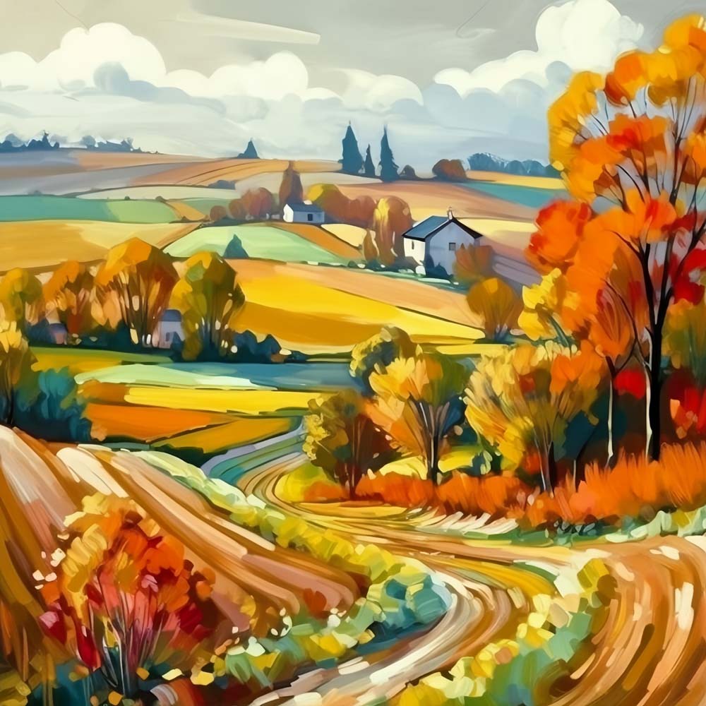 Autumn rolling farmland hills cross stitch kit for beginners