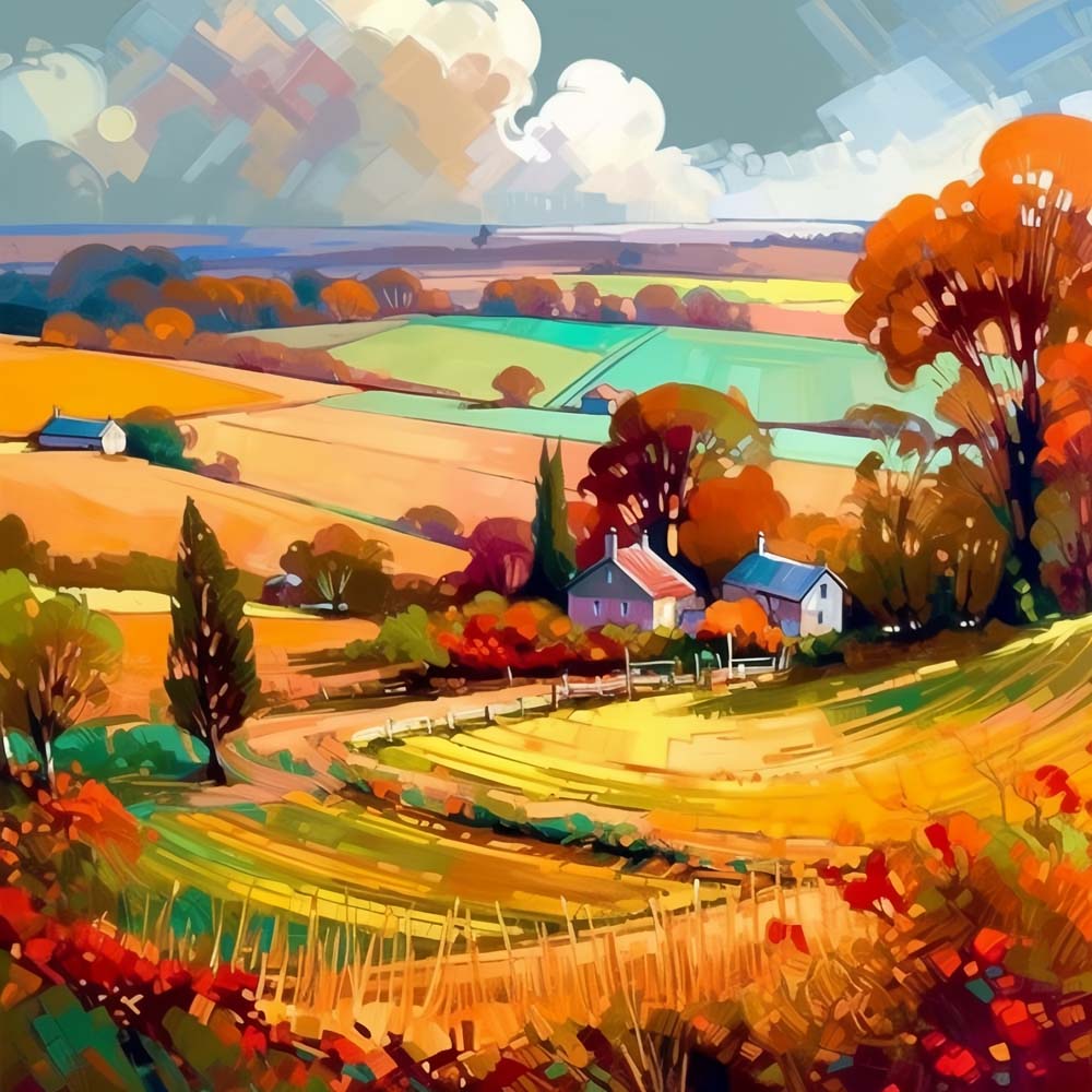 Autumn rural valley view cross stitch kit for beginners