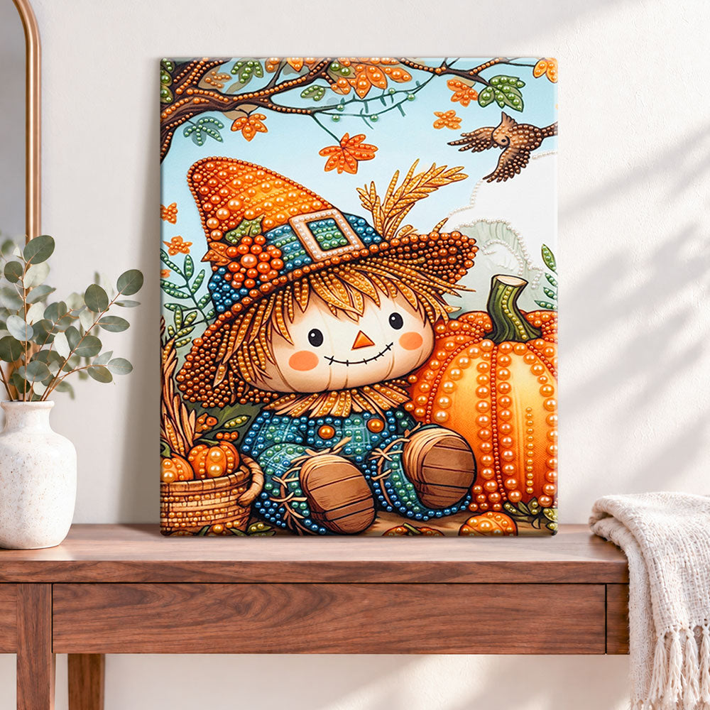 Finished autumn scarecrow pearl diamond painting artwork displayed as home decor