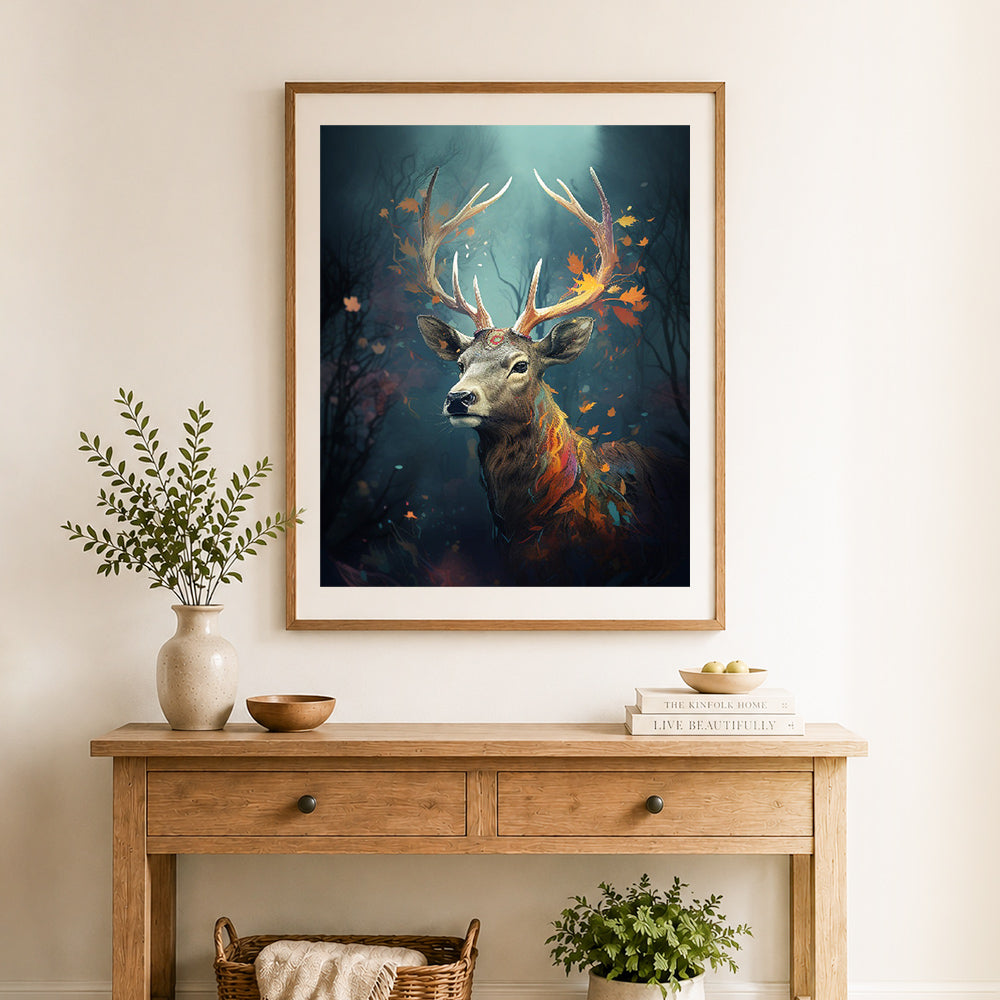 Finished autumn spirit deer cross stitch artwork displayed as home decor