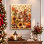 Finished autumn squirrel harvest blessing pearl diamond painting artwork displayed as holiday home decor
