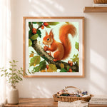 Finished autumn squirrel with acorn on tree branch cross stitch artwork displayed as home decor