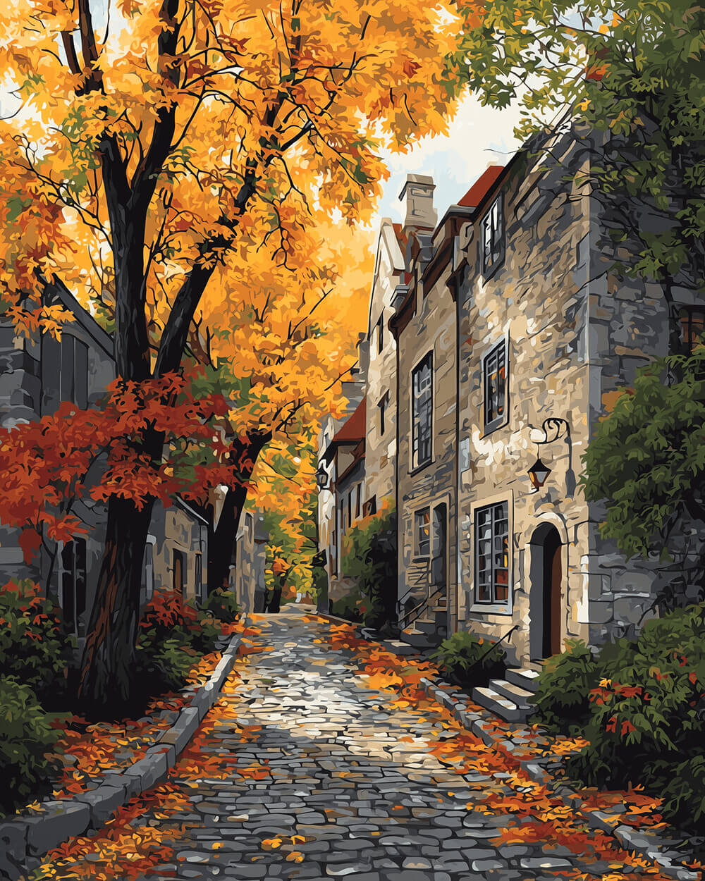 Autumn street with golden leaves and stone houses cross stitch kit for beginners