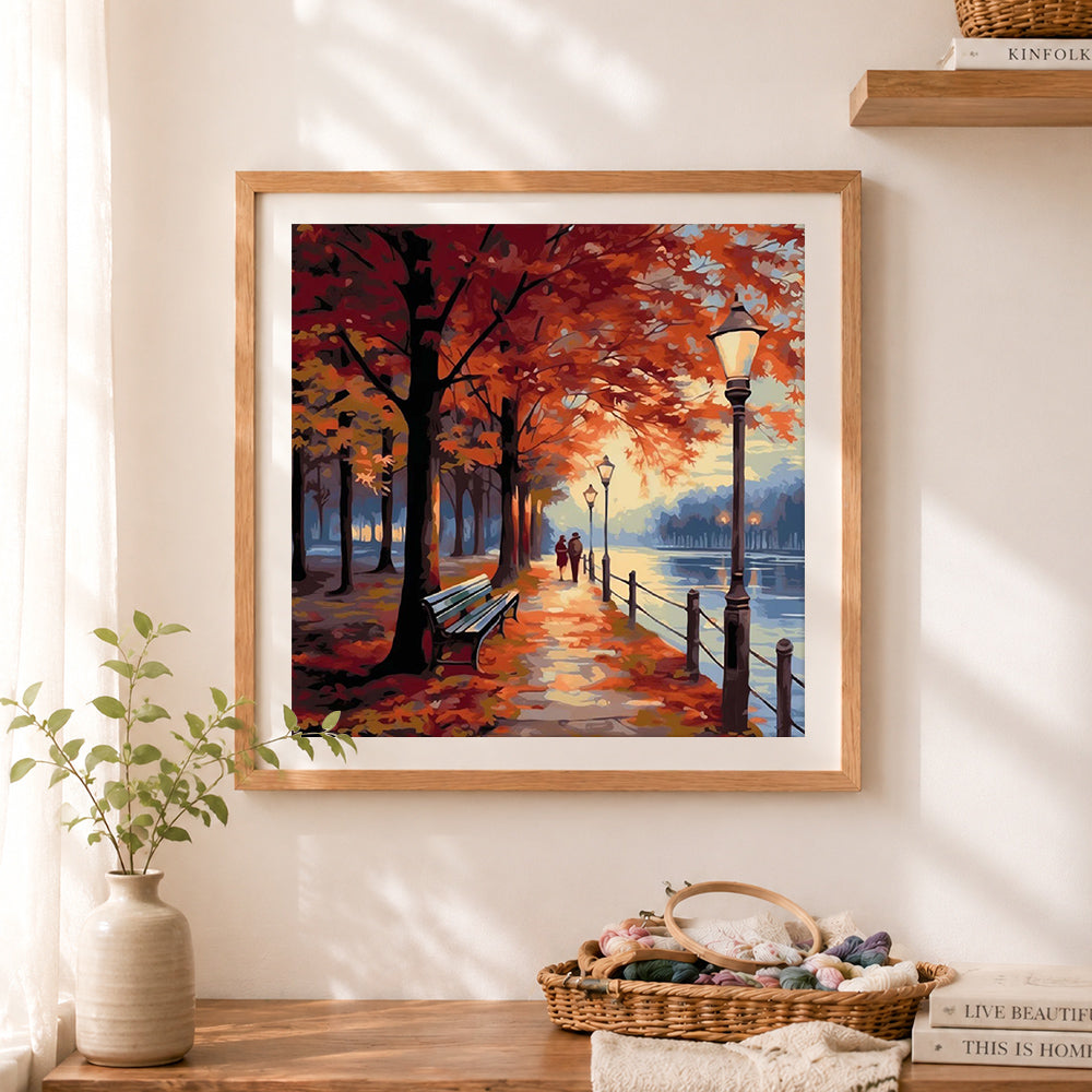 Finished autumn stroll by the lake cross stitch artwork displayed as home decor