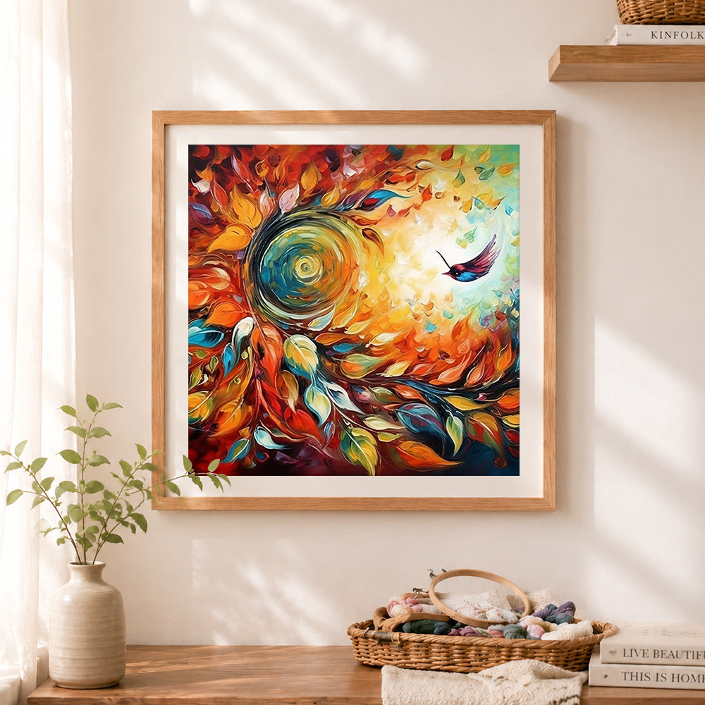 Finished autumn swirl bird art cross stitch artwork displayed as home decor