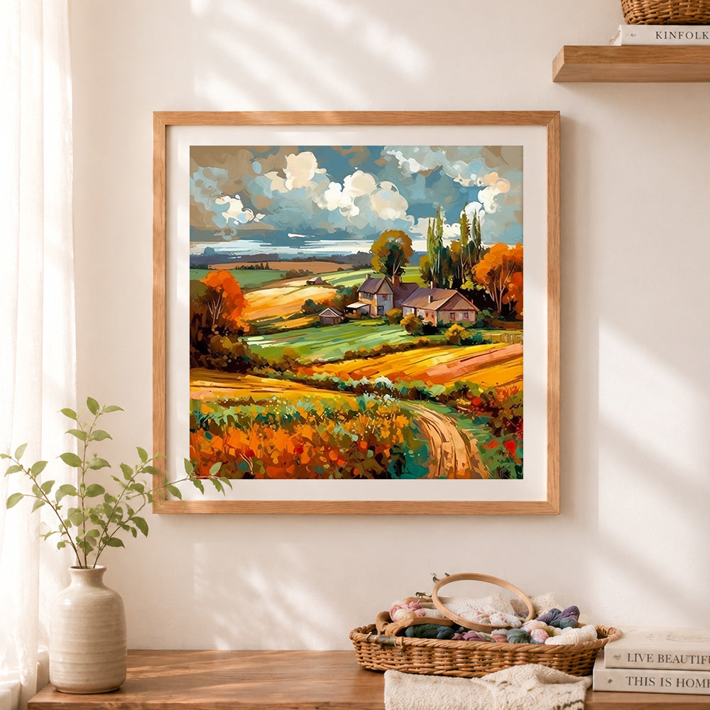 Finished autumn terraced fields and farmhouses cross stitch artwork displayed as home decor