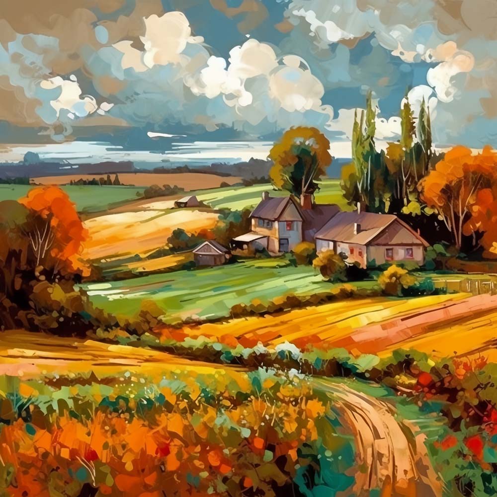 Autumn terraced fields and farmhouses cross stitch kit for beginners