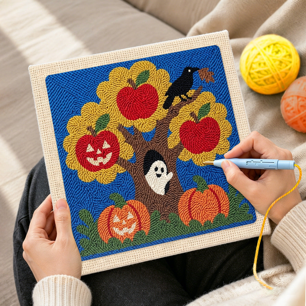 Creating handmade autumn tree ghost scene punch needle artwork