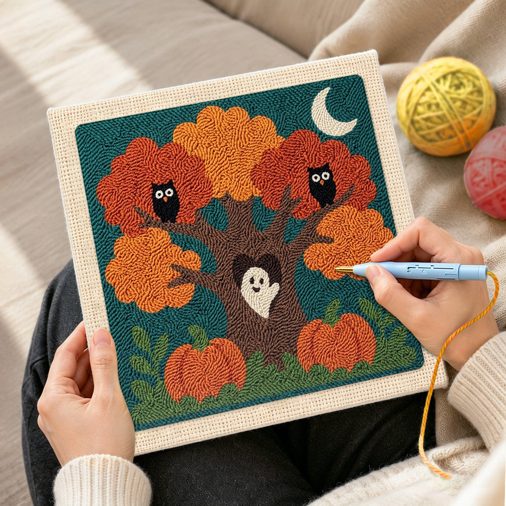 Creating handmade autumn tree with owls punch needle artwork