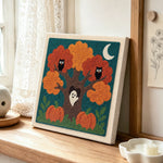 Autumn tree with owls punch needle artwork displayed on a table