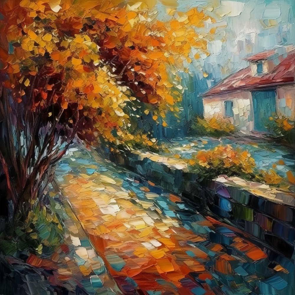 Autumn village lane cross stitch kit for beginners