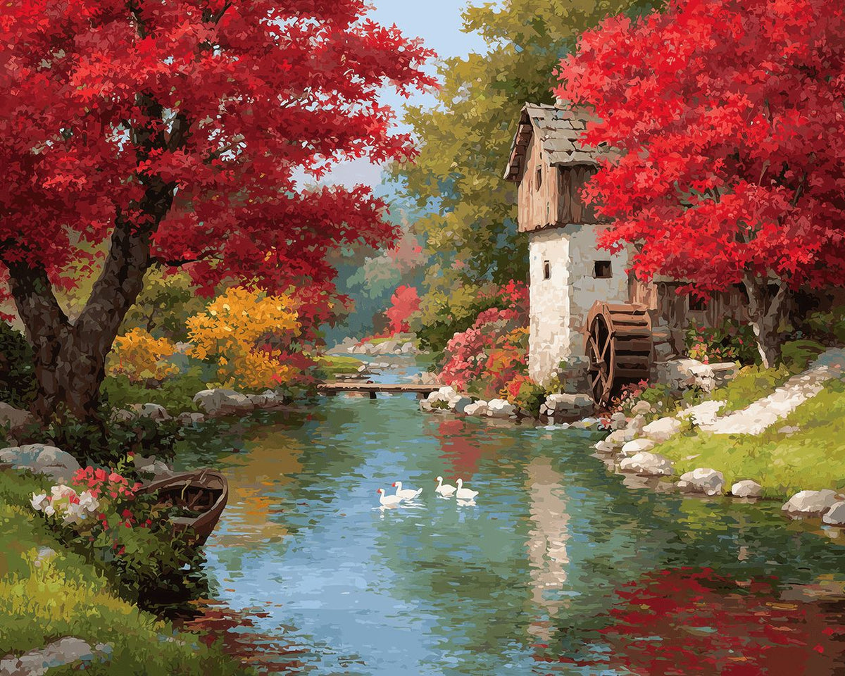 Autumn watermill cottage cross stitch kit for beginners