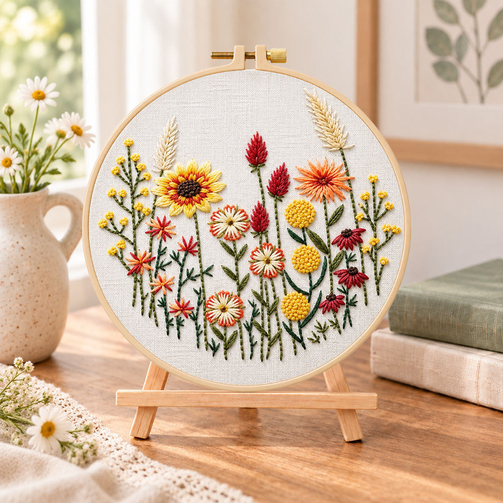 Autumn wildflower embroidery kit finished hoop displayed on a wooden stand as cozy tabletop decor