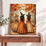 Finished autumn witch gathering pearl diamond painting artwork displayed as home decor
