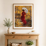 Finished autumn woods stroll cross stitch artwork displayed as home decor
