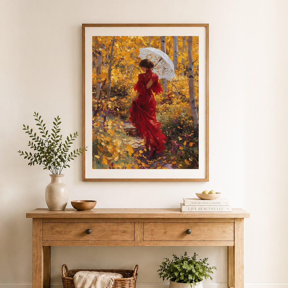 Finished autumn woods stroll cross stitch artwork displayed as home decor