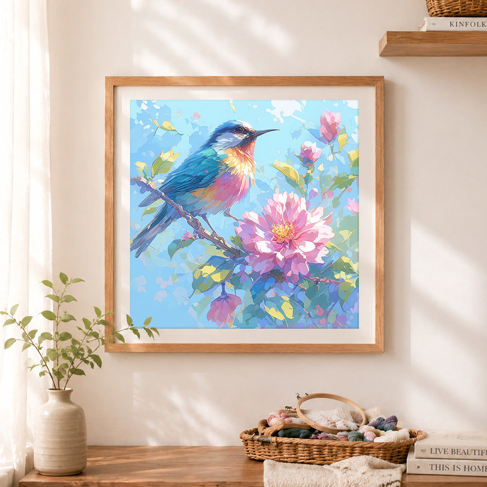 Finished azure bird on pink bloom branch cross stitch artwork displayed as home decor