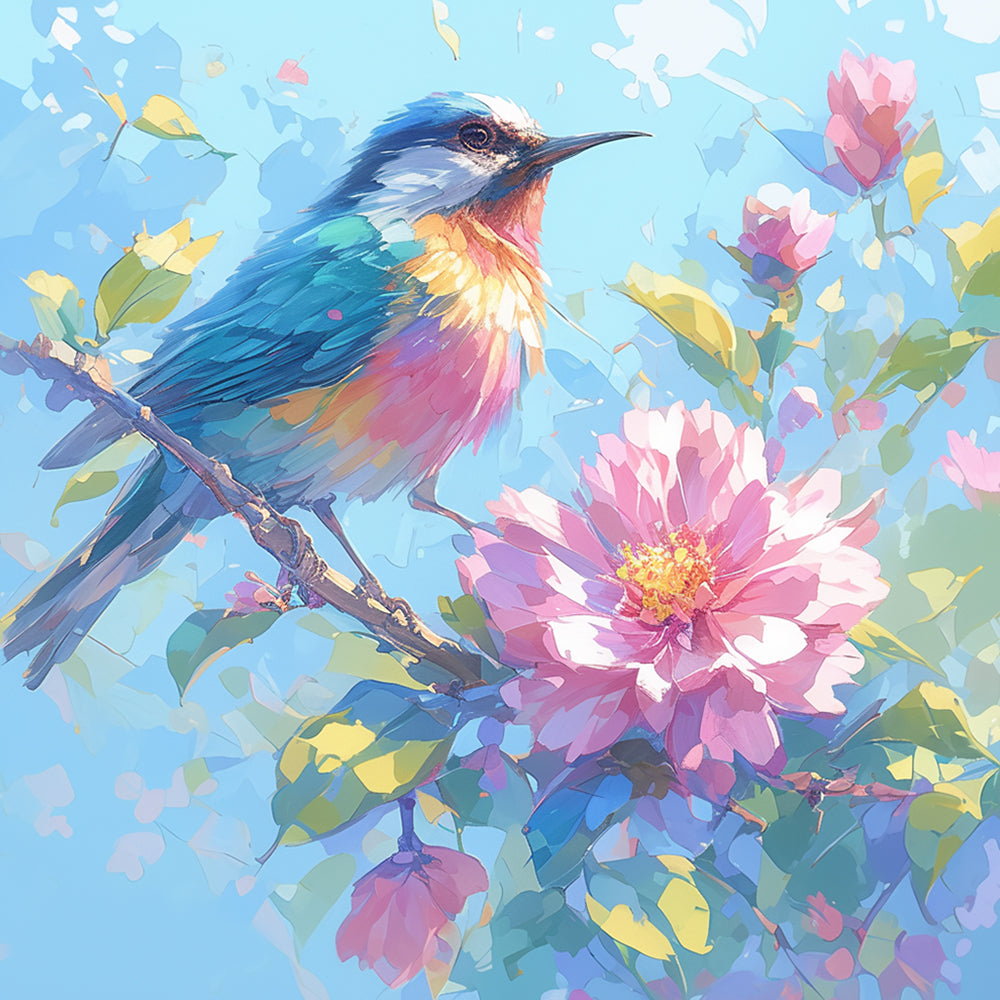Azure bird on pink bloom branch cross stitch kit for beginners