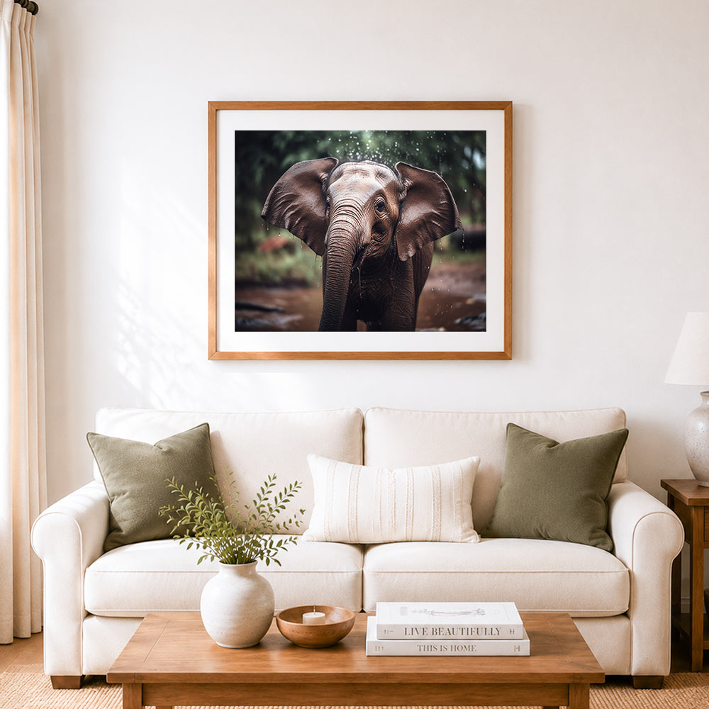 Finished baby elephant bathing cross stitch artwork displayed as home decor