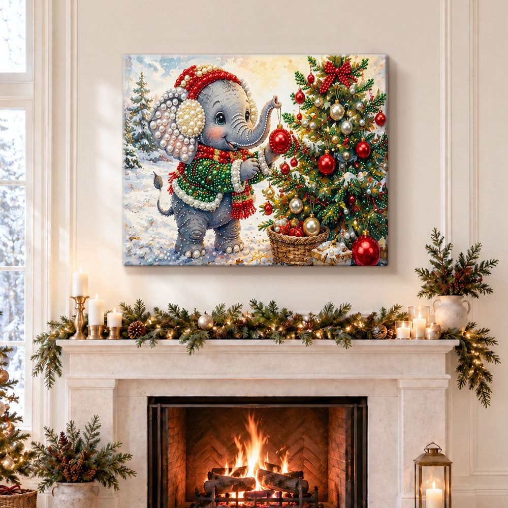 Finished baby elephant decorating tree pearl diamond painting artwork displayed as holiday home decor