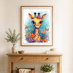Finished baby giraffe with butterflies cross stitch artwork displayed as home decor
