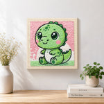 Finished baby green dinosaur with big eyes artwork displayed on a wall