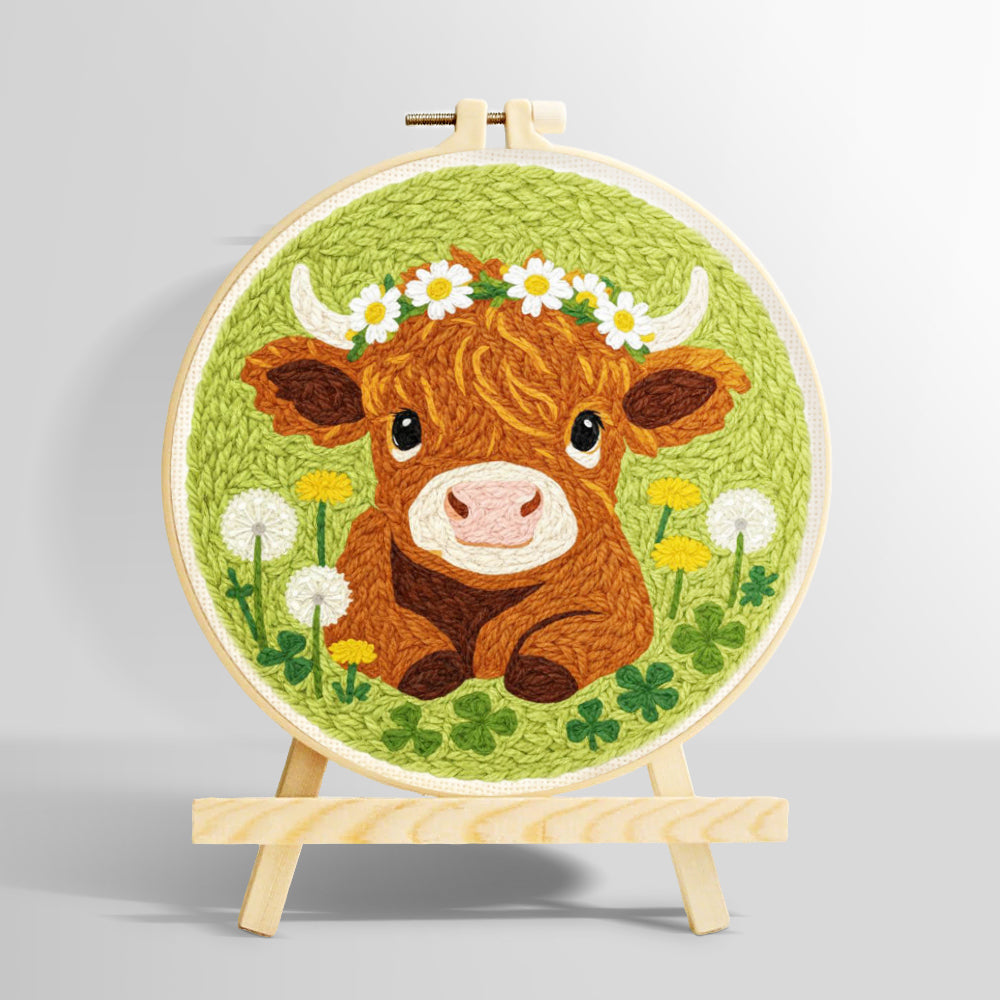 Baby highland cow and dandelions punch needle kit for beginners